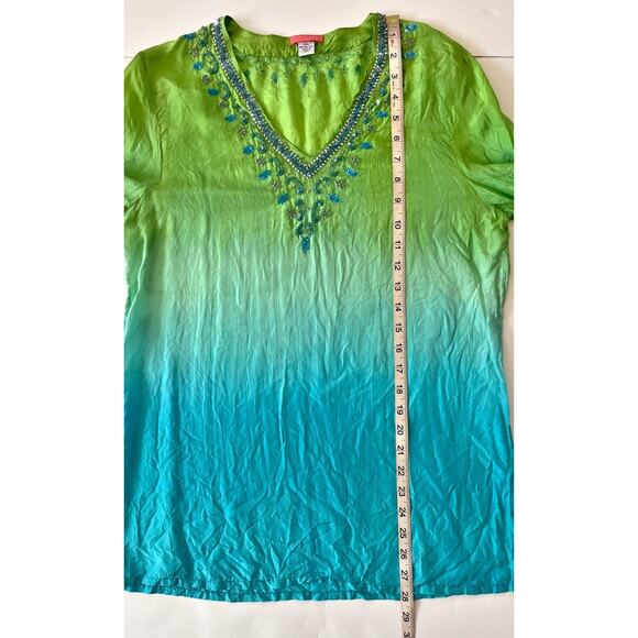 Glam Souls Tunic Top Women S/M Blue Green Silk Boho Beads Beach Resortwear Slit - Picture 5 of 10